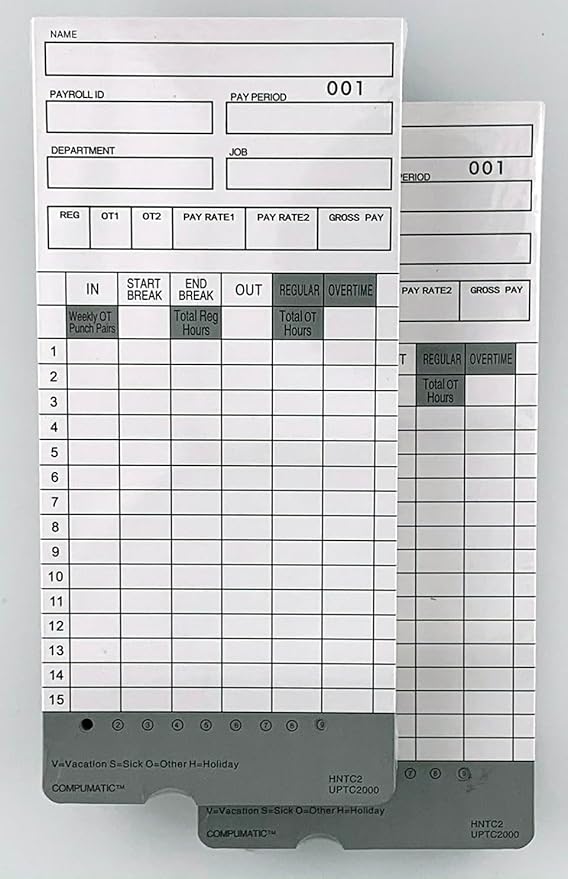 100 Time Cards for uPunch HN2000, HN2500, HN4000, HN4500 AutoAlign Calculating Time Clock and More HNTC2 UPTC2000 COMPUMATIC Compatible