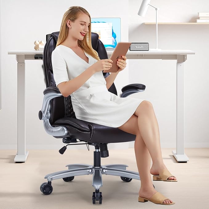 Home Office Chair, Executive Comeputer Desk Chair Ergonomic Office Chair with Adjustable Lumbar Support, Tilt Lock, PU Leather, Swivel Rolling Chair for Gaming Adult Working Study-Brown