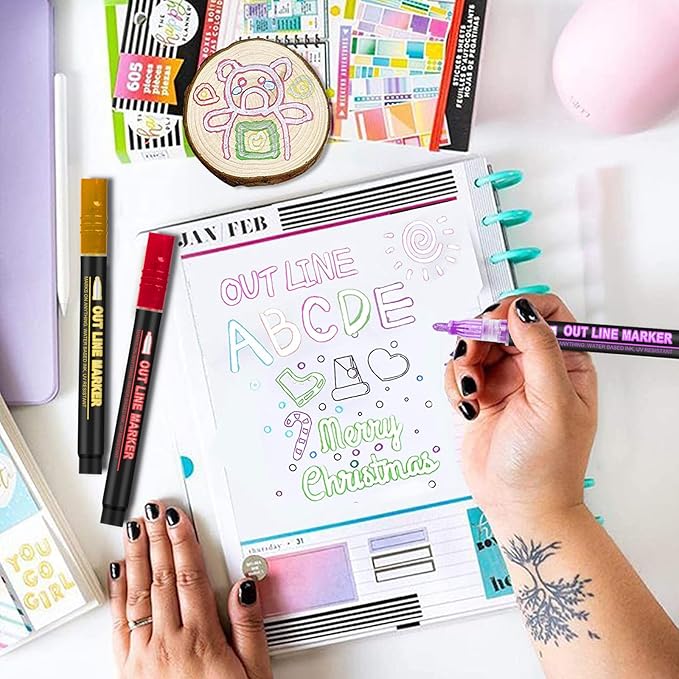 Double Line Outline Markers, 48Colors Super Squiggles Shimmer Outline Marker Pen Set, Self Outline Metallic Markers Glitter Writing Drawing Pens for Birthday Greeting Card, Doodling, DIY Art Crafts