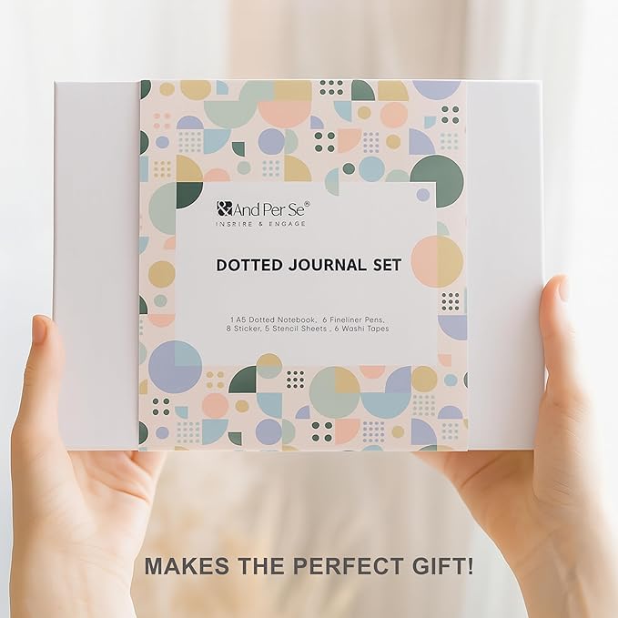 &And Per Se Dotted Journal Notebook Set, A5 Hardcover Dotted Journal (Light Apricot), 6 Fineliner Pens, 8 Sticker, 5 Stencil Sheets & 6 Washi Tapes, Journaling Supplies for Planner Schedule