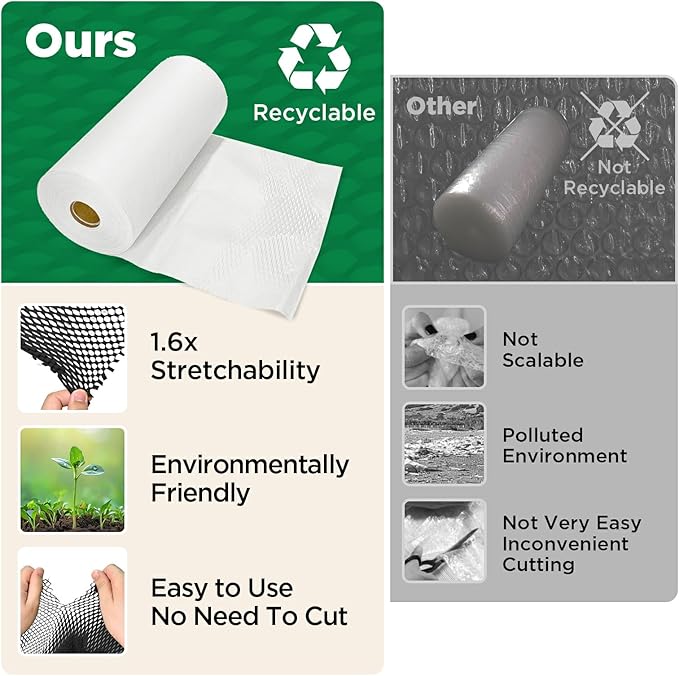 Honeycomb Packing Paper, 12"x300' White | Perforated Honeycomb Packing Paper Recyclable Moving Supplies for Shipping & Moving | Plastic-Free Alternative to Bubble Cushion Wrap with 36 Fragile Stickers