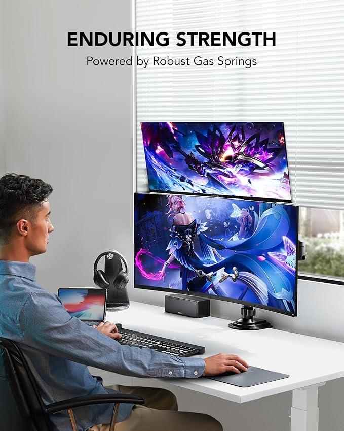 HUANUO 17-32 Inch Dual Monitor Stand, Gas Spring Dual Monitor Mount, Monitor Stand 2 Monitors, Ergonomic Adjustable Tilt/Swivel/Rotate, Weight Max 19.8 lbs, VESA 75/100mm