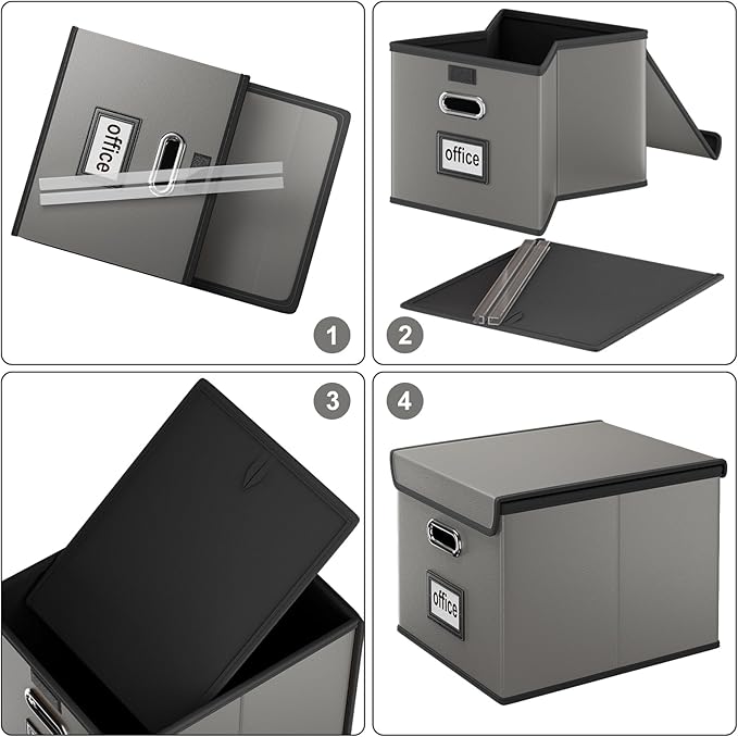 Huolewa Portable Leather File Organizer Boxes with Lids, Office Document Boxes Organizer, Filing Boxes, Decorative Small File Boxes for Hanging Files with Plastic Slide for Office/Decor/Home
