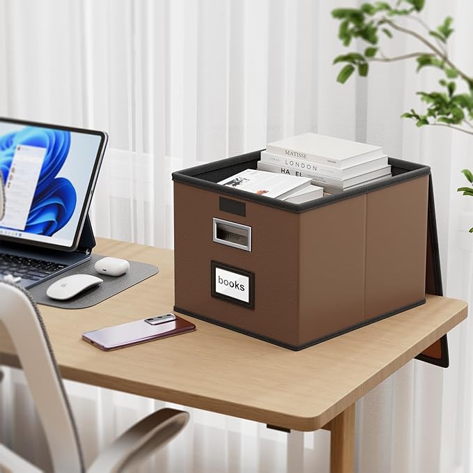 Huolewa File Organizer Box with Lid, Collapsible Leather File Folder Organizer for Office Document Storage, Filing Box with Plastic Slide for Letter/Legal Size Hanging Files, Dark Brown, 4 pack