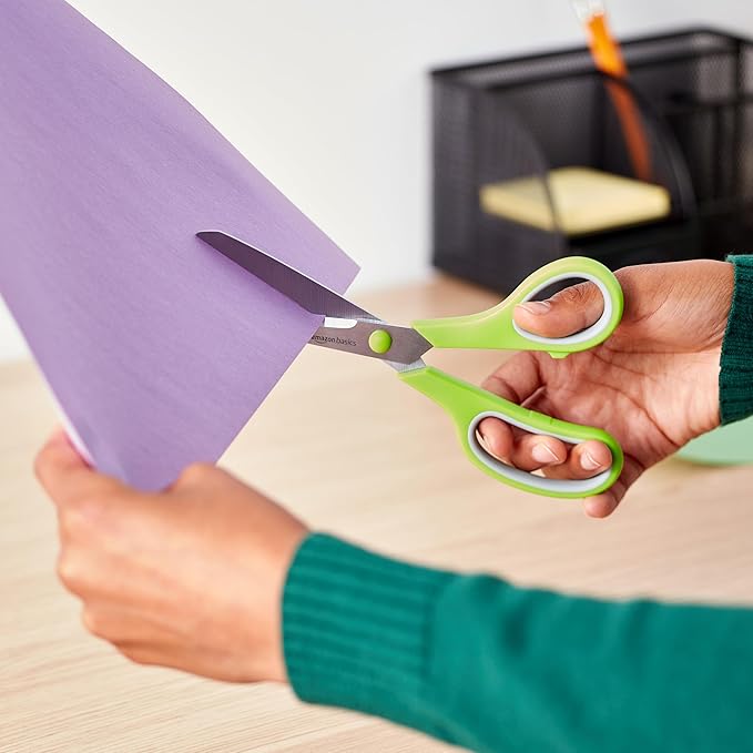 Amazon Basics Stainless Steel Scissors for Office, Crafts, Multipurpose, Sharp, Comfort Grip, PVD Coated, 3 Pack, Multicolor