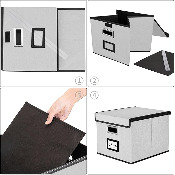Huolewa File Organizer Box with Lid, Collapsible File Folder Organizer for Office Document Storage, Filing Box with Plastic Slide for Letter/Legal Size Hanging Files, Light Grey