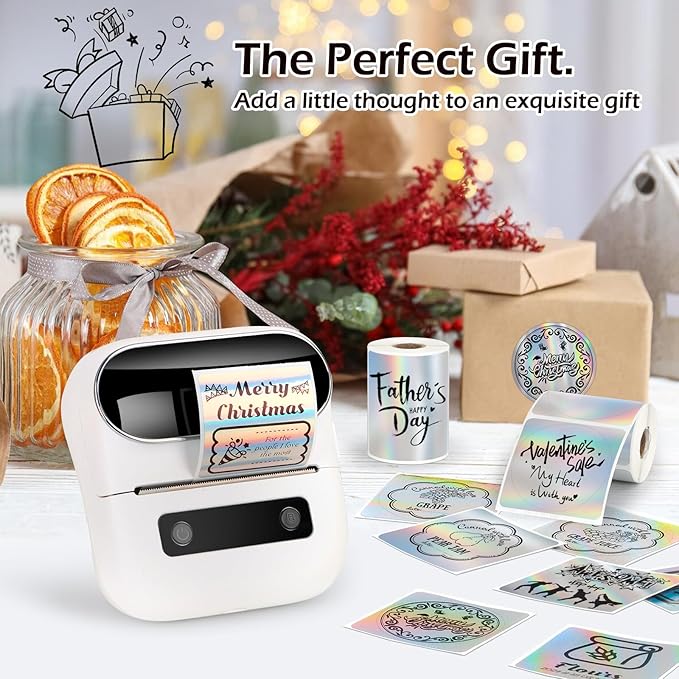 HuiJuKeJi 2 Rolls Holographic Silver Thermal Labels Paper for Phomemo M110 M200 M220 M221,50x50MM Round&Square,Waterproof Self-Adhesive Mini Printer Laser Stickers for DIY Glitter Labels/Thanks Card