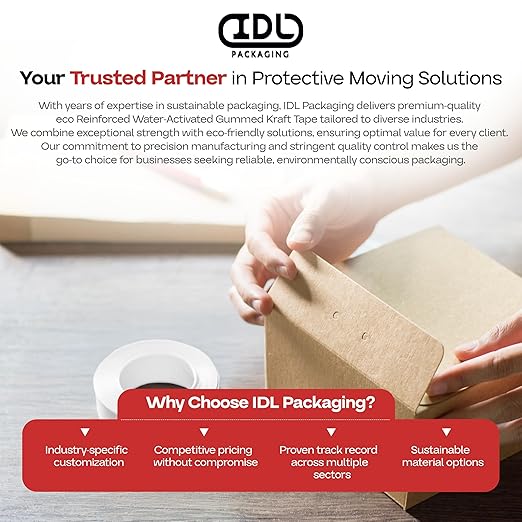 IDL Packaging 3" x 375 feet Reinforced Water-Activated Kraft Gummed Tape 70lb Thickness (Pack of 8) - Secure Paper Packing Tape for Secure Carton Sealing - Heavy-Duty for All Conditions, White