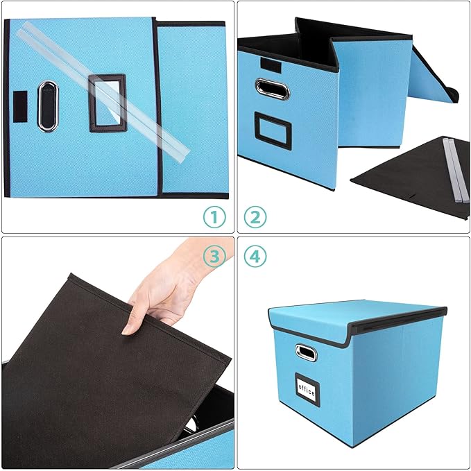 Huolewa Portable File Organizer Box Office Document Storage with Lid, Linen Hanging Filing Storage Boxes, Decorative Home/Office Filing System for File and Folders Storage (Sky-blue)