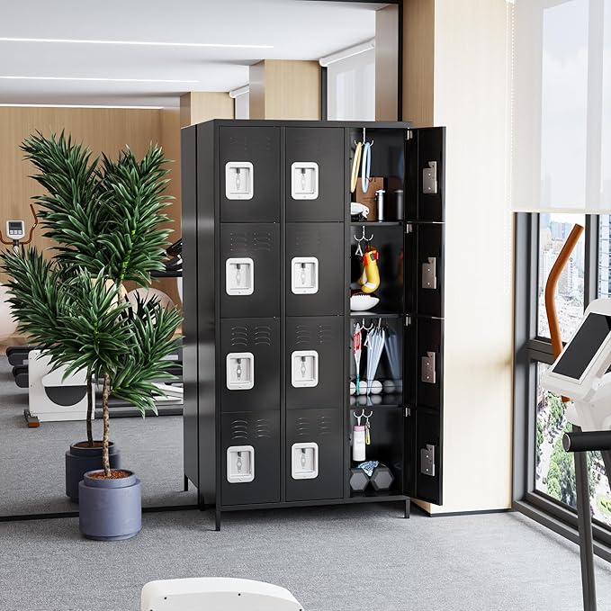 12 Doors Metal Lockers for Employees with Lock, Metal Locker with 12 Hooks for School Garage Office Gym Home,Assembly Required,Black