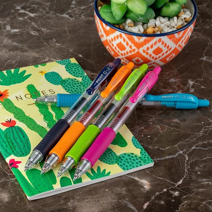 G2 Retractable Premium Gel Ink Roller Ball Pens Extra Fine Point (.5mm) Purple Ink 5 pack; Refillable & Premium Comfort Grip Bundle with Plastic Reusable Pouch