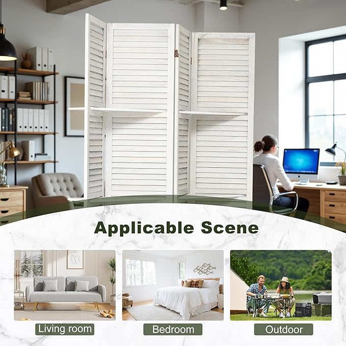 NicBex 4 Panel Room Divider,5.6FT Wood Carved Room Dividers with Display Shelves Folding Privacy Screens Portable Freestanding Partition Wall Dividers for Room Separation,Home Bedroom Office,White