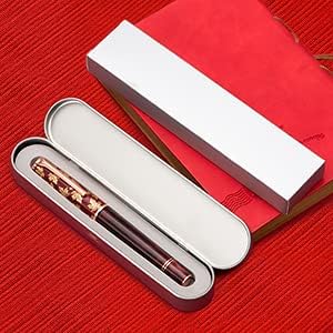 Hongdian N8 Red Acrylic Resin Fountain Pen, Iridium Medium Nib Rose Gold Trim Maple Leaf Carving Cap, Smooth Writing Pen with Converter and Metal Pen Box Set
