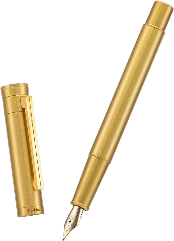 Hongdian 1861 Brass Fountain Pen Long Blade Nib, Classic Design Smooth Writing Pen with Converter and Metal Pen Case Set