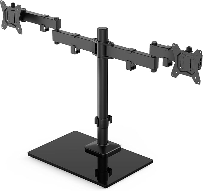 HUANUO Freestanding Dual Monitor Stand, 32 Inch Dual Monitor Mount for 2 Screens, Holds up to 22 lbs per Arm, Monitor Arm Riser with Tempered-Glass Base, Tilt, Swivel, Rotation, Black