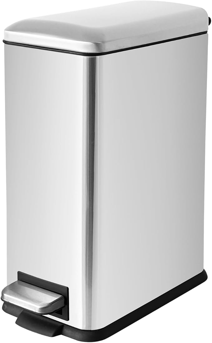 16.7L/ 4.4 Gallon Rectangular Slim Kitchen Trash Can with Removable Inner Bucket, Soft Close lid, Stainless Steel Step Pedal Garbage Can for Bathroom, Kitchen, Home Office, Brushed Silver