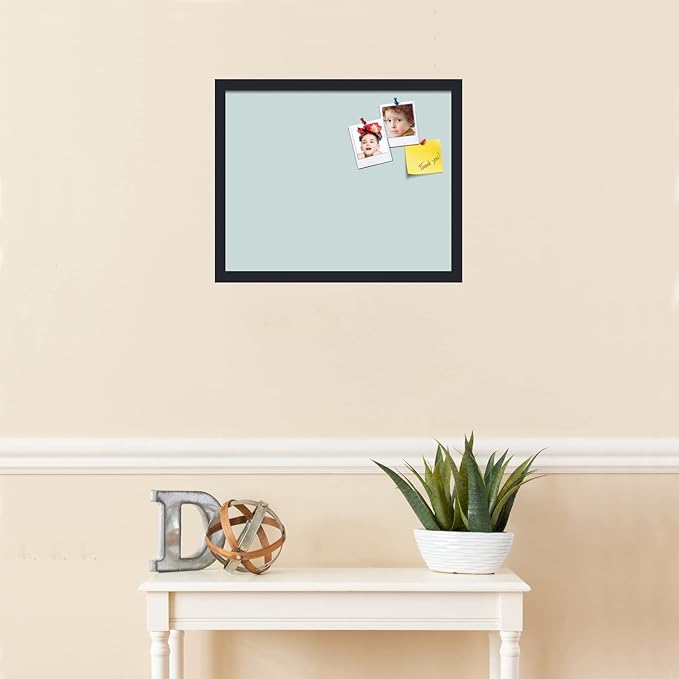 PinPix 20x16 Inch Cork Bulletin Board. This Decorative Framed Pin Board Comes with Soft Blue Design and a Satin Black Frame. Ideal for Home Office Decor or Message Board (PinPix-1814)
