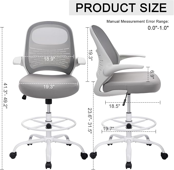 HYLONE Tall Drafting Chair Standing Desk Chair with Flip-Up Armrests, Adjustable Height Ergonomic Office Chair with Footrest Ring - High Stool Chair for Standing Desk (Light Grey)