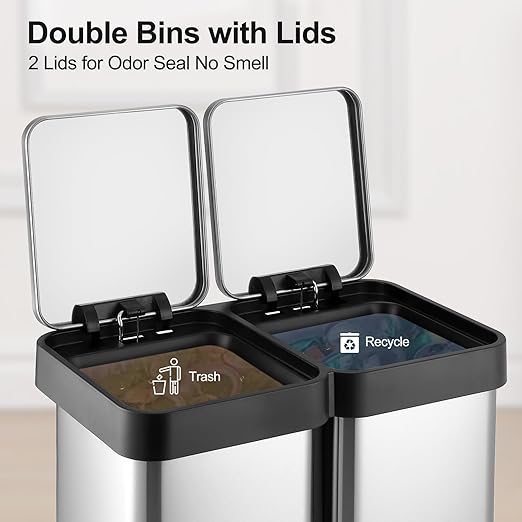 16 Gallon Dual Compartment Trash Can, 2 x 30L Fingerprint Resistant Stainless Steel Kitchen Garbage Can with 2 Soft-Close Lid & Foot Pedal for Kitchen Office Bathroom, Without Inner Bucket