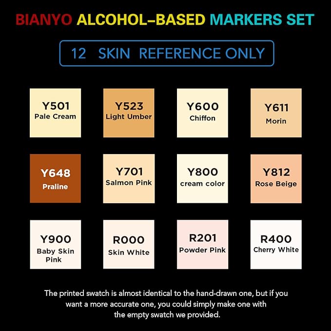 Bianyo Skin Tone Alcohol Markers, Set of 12, Dual Tip Bullet & Chisel Art Marker Set for Coloring, Drawing, Sketching, Outlining, Highlighting, Designing