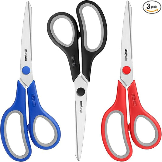 Scissors, iBayam 8" All Purpose Scissors Bulk 3-Pack, Ultra Sharp 2.5mm Thick Blade Shears Comfort-Grip for Office Desk Accessories Sewing Fabric Home Craft School Supplies, Right/Left Handed