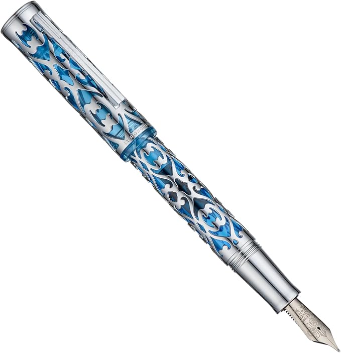 Hongdian D1 Piston Fountain Pen Extra Fine Soft Nib, Silver Blue Hollow Skeleton & Resin Pen with Metal Case Set