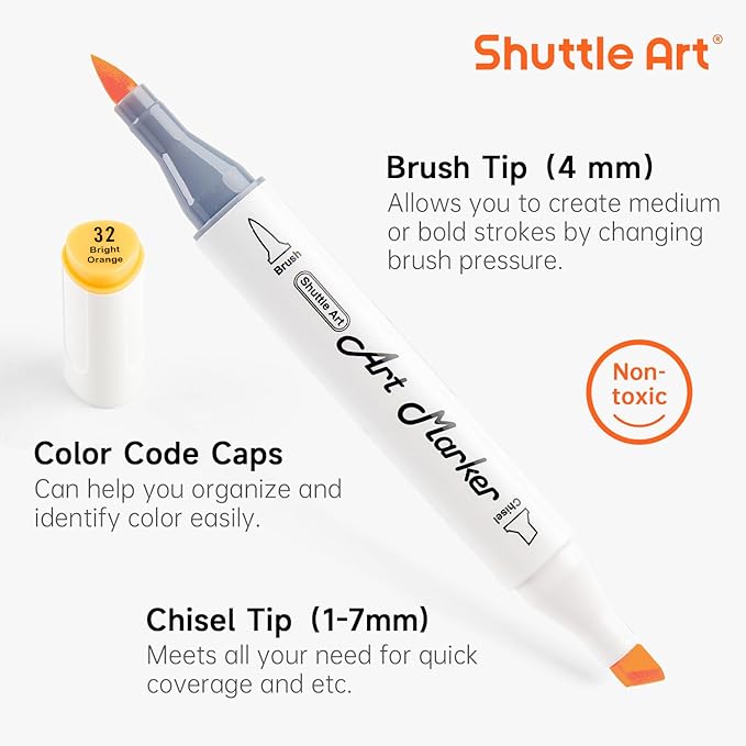 Shuttle Art Pastel Alcohol Markers Brush tip, Dual Tip Brush & Chisel Tip Art Marker Set, 50 Colors plus 1 Blender Marker Pens with Case Perfect for Illustration Students Adults Coloring Sketching