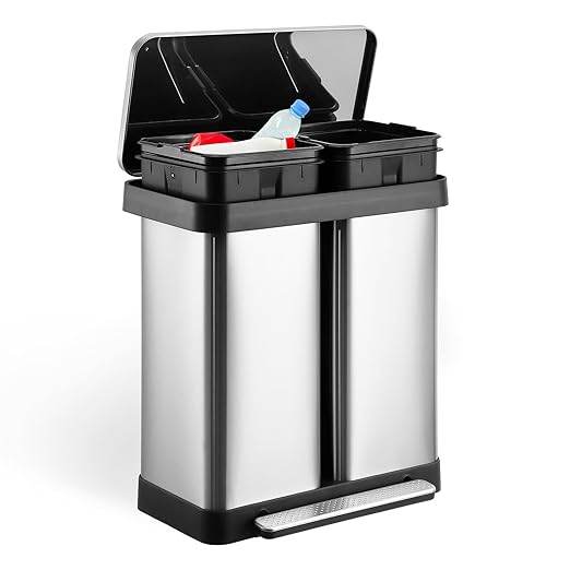 16 Gallon Dual Trash Can, 2 X 30 L Stainless Steel Two Compartment Garbage Can with Soft-Close Lid, Recycle Bin with 2 Removable Inner Buckets and Foot Pedal for Kitchen Home Office