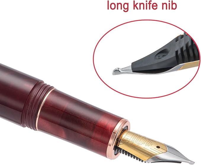 Hongdian N8 Red Acrylic Fountain Pen, Long Blade Fine Nib Rose Gold Trim Maple Leaves Carving Cap, Smooth Writing Pen with Converter and Metal Pen Box Set