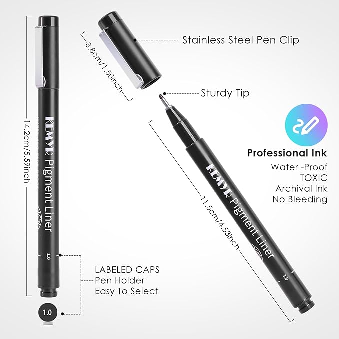 4 Micro Fine liner Drawing Art Pens Calligraphy Pens: 0.8mm Size Black Art supplies Waterproof Archival Black Ink Markers For Artists,Use for Professional Watercolor,Sketching