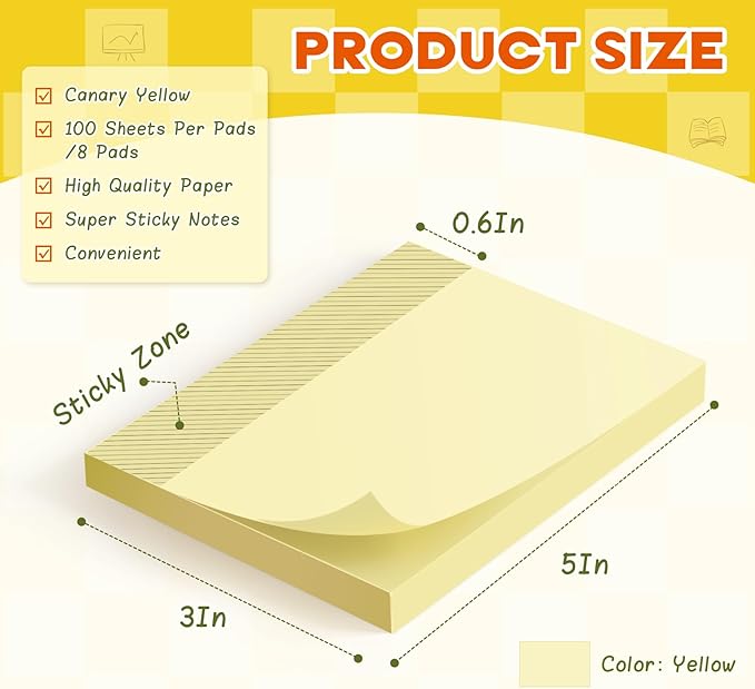 (8 Pack) Large Sticky Notes 3x5 in Yellow, 800 Pcs Self-Stick Notes,100 Sheets/Pad Super Adhesive Sticky Pads Recyclable for Home, Office, Notebook, Clean Removal