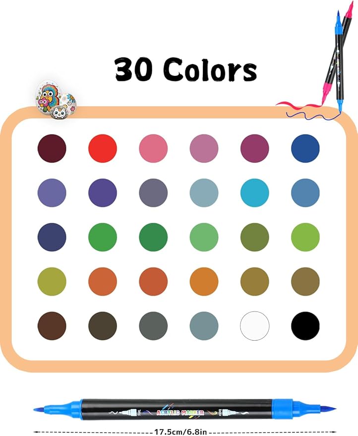 30 Colors Acrylic Paint Pens, Dual Tip Acrylic Paint Markers with Brush and Fine Tips for Kids and Adults, Wood, Canvas, Stone, Rock Painting, Glass, Ceramic Surfaces, DIY Crafts Making