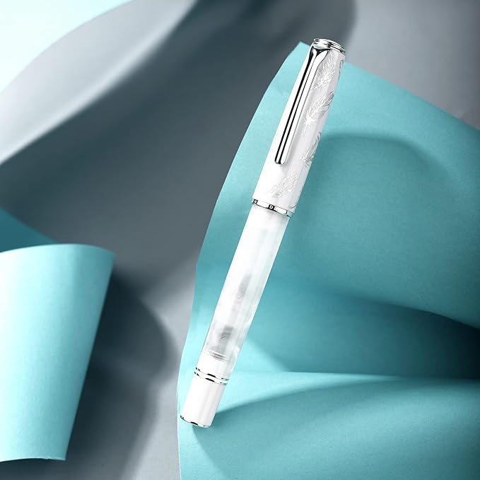 Hongdian N8 White Acrylic Resin Fountain Pen, Iridium Fine Nib Silver Plated Feather Carving Cap Smooth Writing Pen with Converter and Metal Pen Box Set
