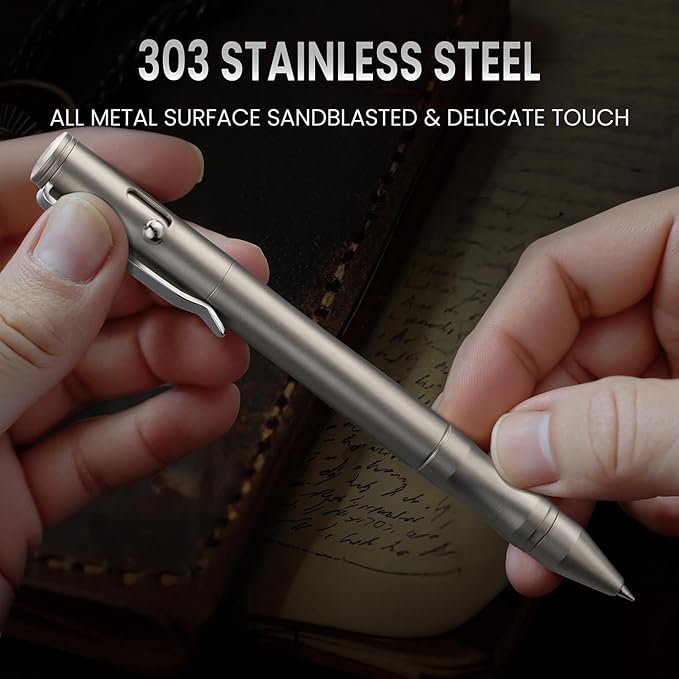 Origin-Joy 1 Pack Stainless Steel Bolt Action Pen Set, Heavy Duty EDC Pocket Gel Tactical Pen With 4 Ballpoint Refills (Sandblasting)