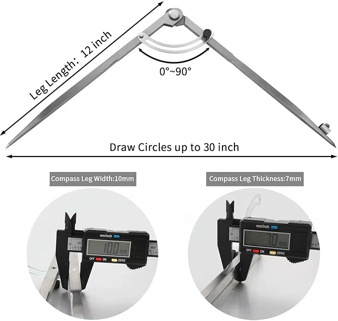 12 inch Compass for Geometry, Compass for Woodworking, Precision Woodworking Compass with Wing Divider and Pencil Holder, Large Compass for Geometry, Woodworking Compass, Drafting, Drawing Compass
