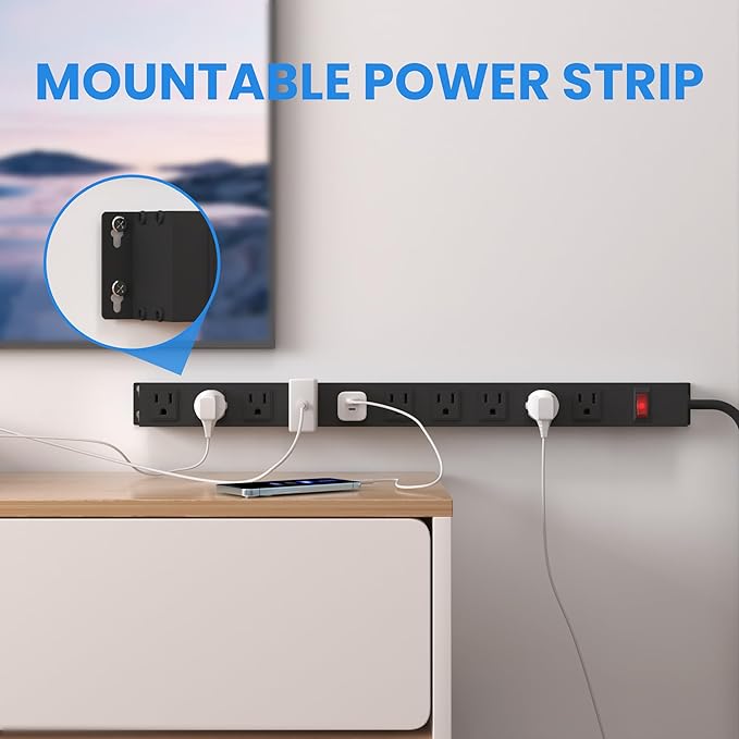 10 Outlet Metal Power Strip with 12Ft/125V/15A Long Extension Cord Black Heavy Duty Power Strip for Kitchen,Office,School,Commercial,Workshop,Industrial,ETL Certified and Listed,Black(12FT)