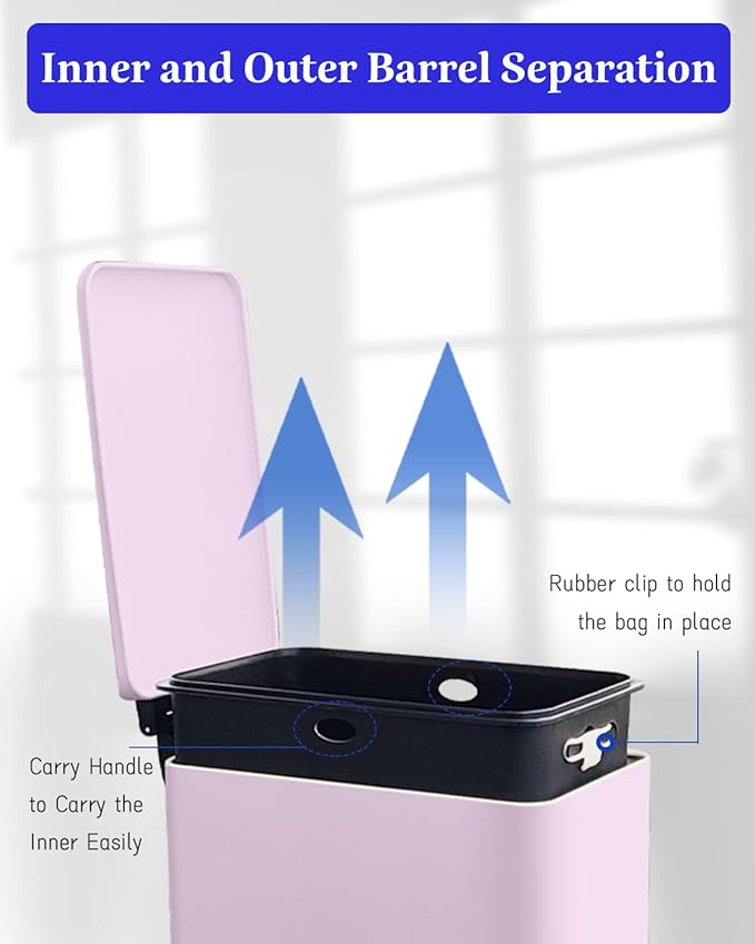 12 Gallon Slim Kitchen Trash Can, Stainless Steel Trash Can with Removal Inner Bucket and Soft-Close Lid, Pedal Garbage Can 45 Liter, Pink