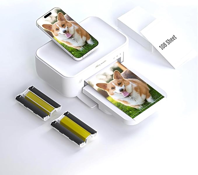 HPRT Photo Printer 4x6,+108Sheets&2ribbon,Instant Picture Printer for iPhone, Android, Smartphone,Portable Photo Printers for Home Use,Thermal Dye-Sublimation, AR Video Printing（White）