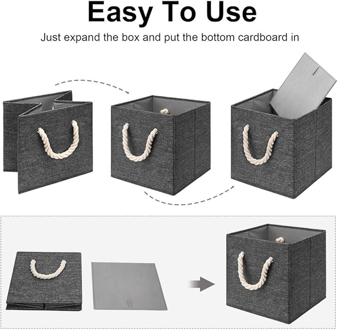 10.5 Inch Fabric Storage Boxes Bins and Cubes - Foldable Storage Basket with Grey Inserts, Package of 6