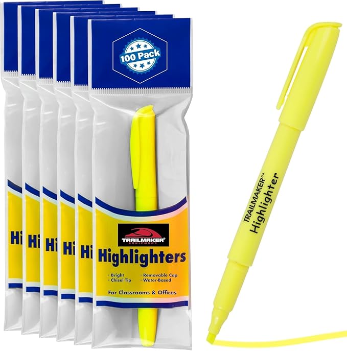 Trail maker 100 Packs of Bulk Yellow Highlighters in Bulk | Bright Wholesale Highlighters for Classrooms, School Kids, Teachers, Office Supplies
