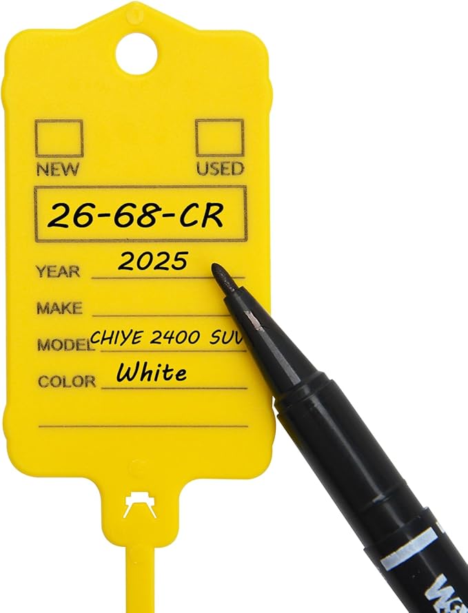 100 Car Key Tags with Labels Plastic Car Dealership Key Tags Self Locking Automotive Identifiers Blank Shop Labels with One Pen (Yellow)
