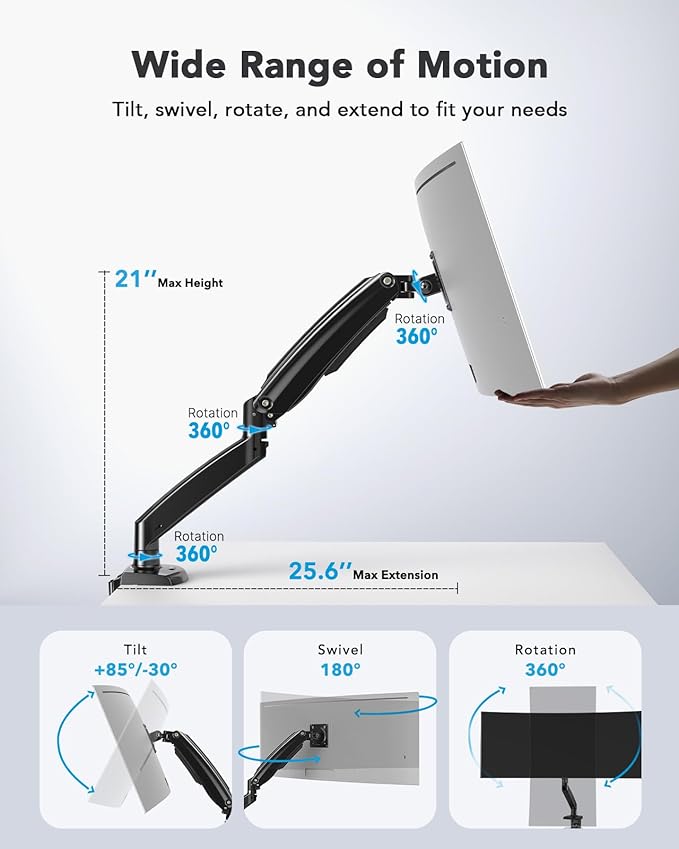 HUANUO Single Monitor Arm for 40 inch Screens, Ultrawide Computer Monitor Mount Holds 26.48 lbs, Upgraded Adjustable Stand with USB, C-Clamp & Grommet Base, VESA 75x75 or 100x100mm