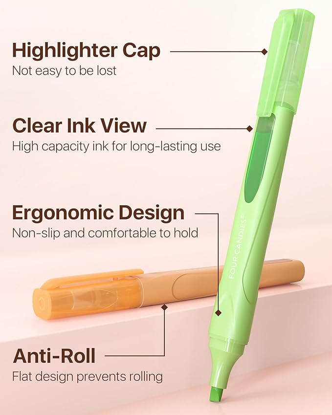 Four Candies Cute Pastel Highlighters, 10 PCS Highlighters Assorted Colors, Soft Chisel Tip, Clear Ink View, Aesthetic Highlighter Set for Organizing and Coloring & Back to School Supplies