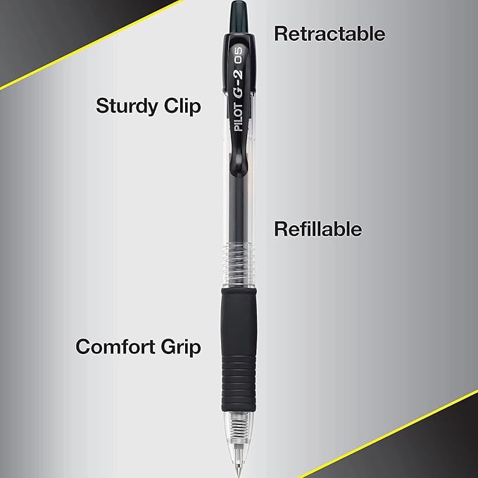 G2 Retractable Premium Gel Ink Roller Ball Pens Extra Fine Point (.5mm) Black/Blue/Red/Green/Purple Ink 8 pack; Refillable & Premium Comfort Grip Bundle with Plastic Reusable Pouch