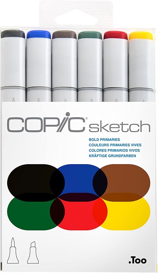Copic Sketch Alcohol Markers, 6 Color Dual Tip Art Marker Set – Blendable Brush Tips for Drawing, Sketching, and Illustration – Professional Set for Adults/Teen Artists & Creators - Bold Primaries