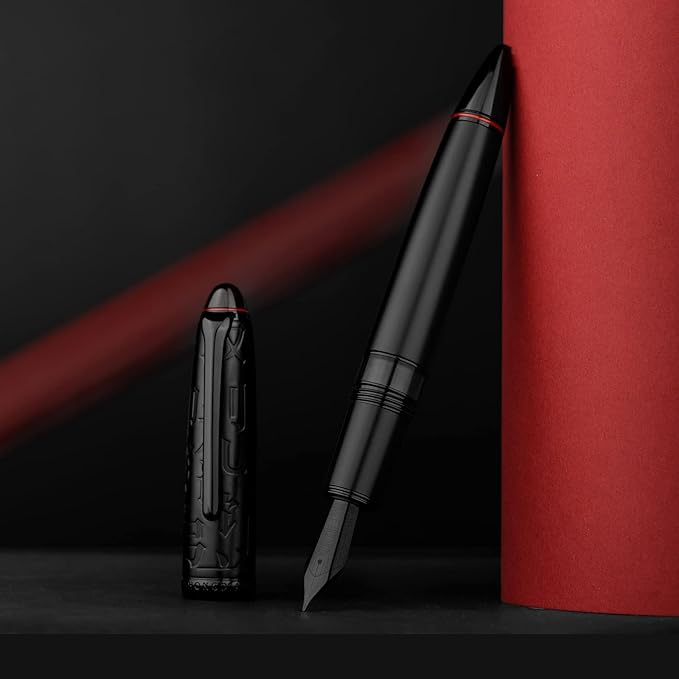 Hongdian N6 Black Metal Resin Piston Fountain Pen, Black Iridium Fine Nib Classic Pen, Includes Metal Box Writing Pen