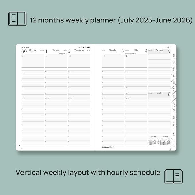 POPRUN Planner 2025-2026 (Medium - 6.5'' x 8.5'') Academic Weekly Calendar (July 2025 - June 2026) with Hourly Time Slots, Monthly Tabs, 100GSM Thick Papers, Leather Soft Cover - Grey