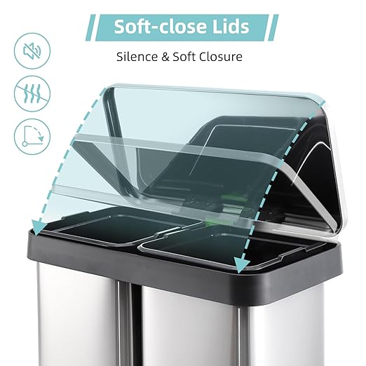 16 Gallon Dual Trash Can, 2 X 30 L Stainless Steel Two Compartment Garbage Can with Soft-Close Lid, Recycle Bin with 2 Removable Inner Buckets and Foot Pedal for Kitchen Home Office