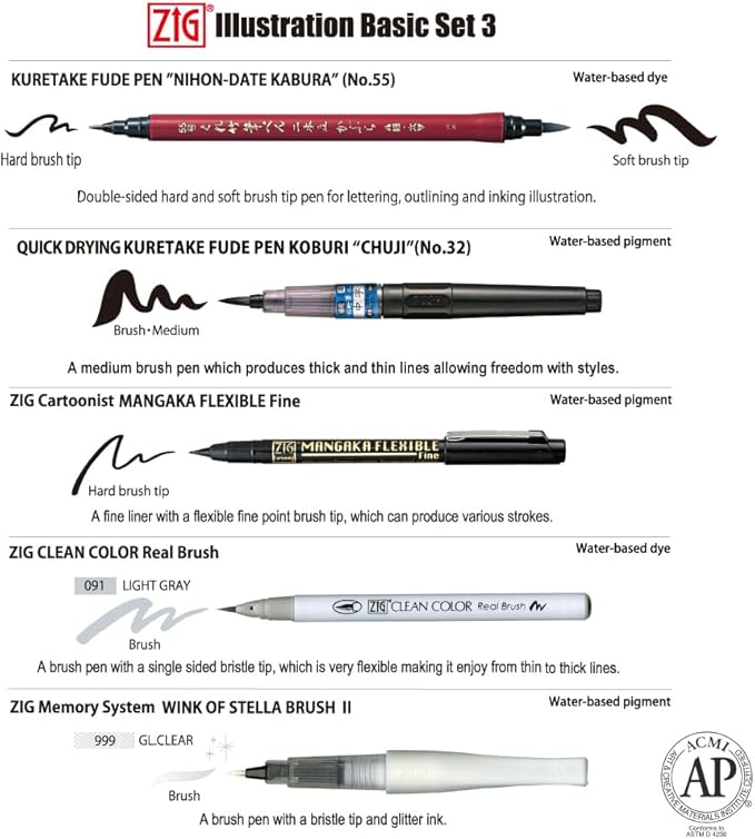 Kuretake Zig Inktober pen set, for Illustration, Manga Drawing, Lettering and Calligraphy, Professional Artist, Made in Japan (Basic No.3(5pcs.))