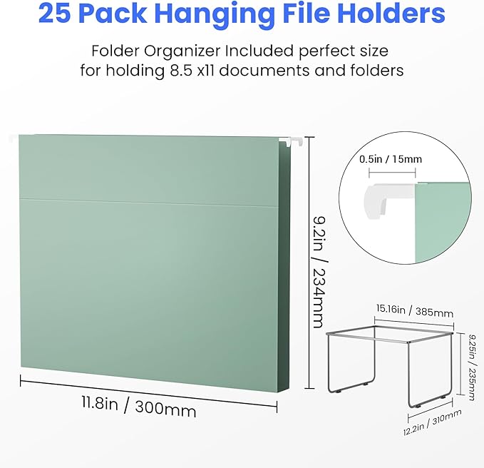 Hanging File Folders Letter Size, 25 Pack File Organizer Folders,1/5-Cut Tabs with Hanging File Folder Frame, Heavy Duty 1 Inch Expansion, Stay Organized for Your Home and Office Bulk File.